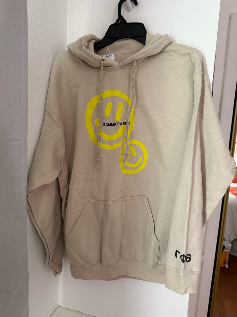 Gamma Phi Beta Beige Hoodie with Yellow Smiley Graphic
